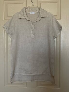 Light Beige Linen Short-Sleeve Collared Tunic Top Made at Italy